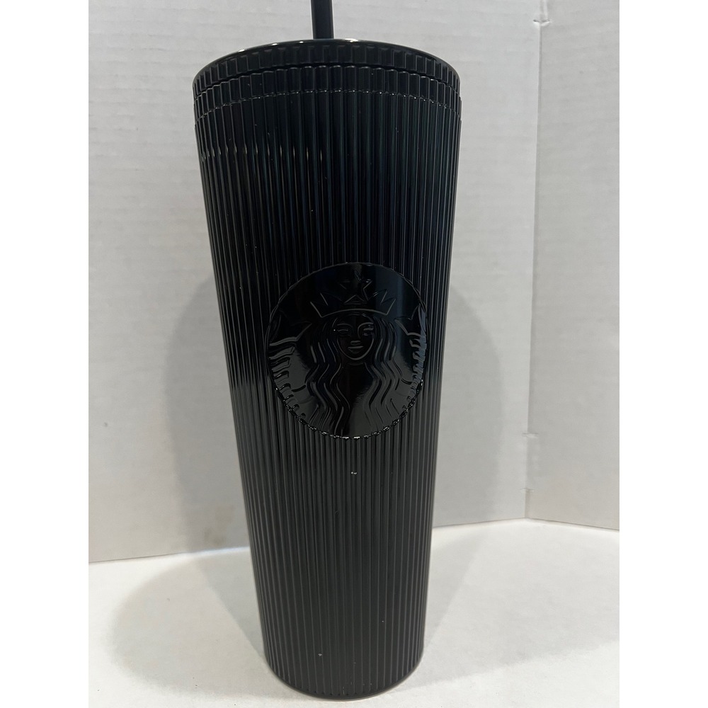 Starbucks Black Pleated Ribbed Cold Cup Tumbler 24oz Siren Logo with Straw